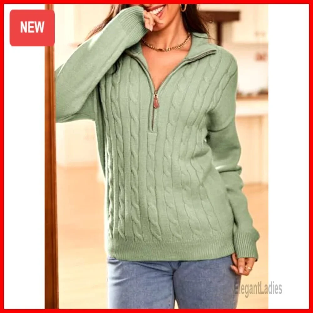 Quarter Zip Ribbed Cable Knit Pullover Sweater Casual Winter Wear
